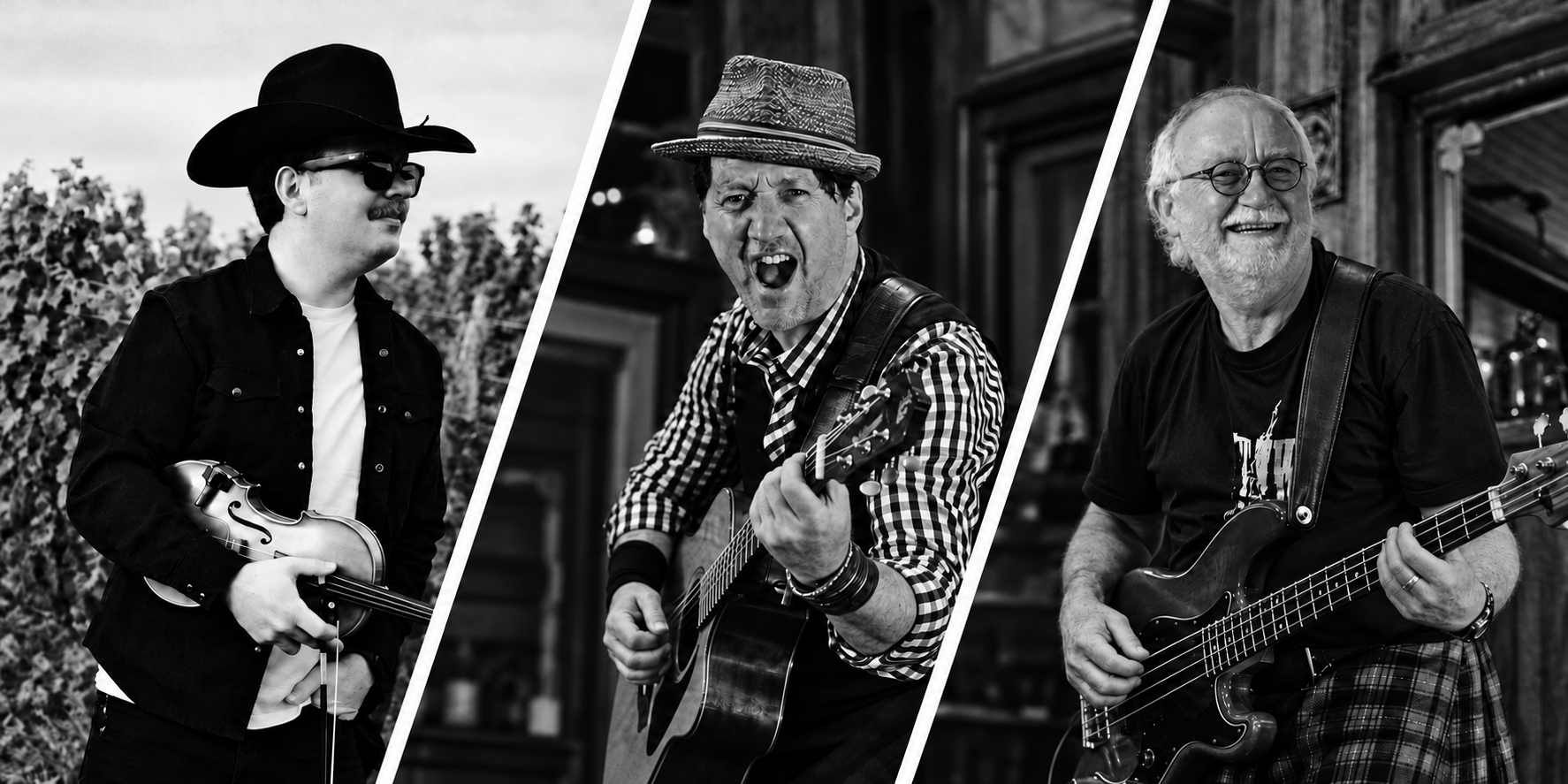 Black-and-white portraits of Liam McGlashon with his fiddle, James Ferris with his guitar, and Owen Mahoney with his bass, separated by diagonal slashes